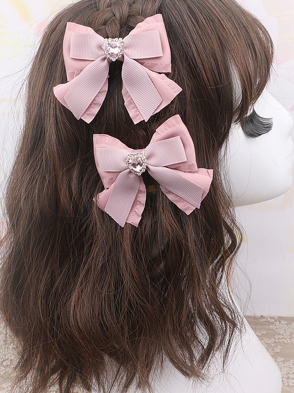 Rhinestone Jirai Hairclip / Heart Black Bowknot Pink Kei