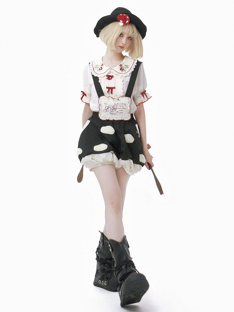 Mushroom Sweet Bubble Fleece Short Lolita White Straps Spot with Applique Black Detachable
