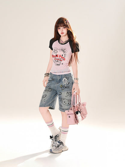 グレー/ピンクのカラーブロックデザイン キティプリントTシャツ