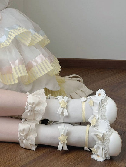 White Kawaii Plush Dog Ears Mid Heel Shoes - Sheep Puff