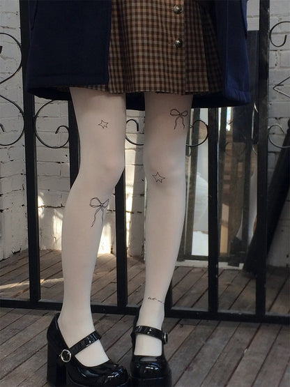 Creamy and Bowknot White/Light Star Print Gray/Purple Pantyhose