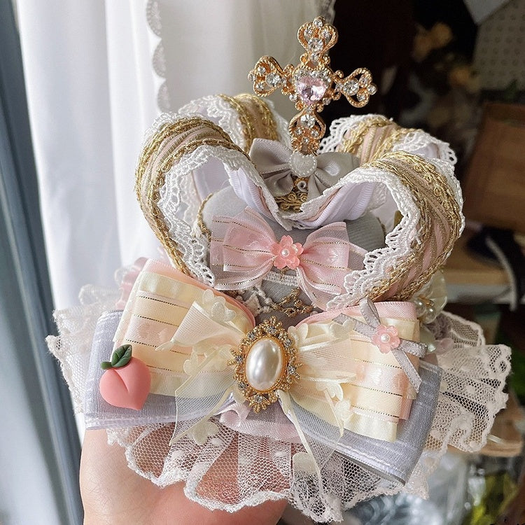 PinkGray Floral Cross Design Mini Rhinestone And Decorated Crown Peach Lace Trim Hat