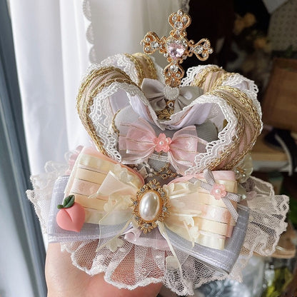 PinkGray Floral Cross Design Mini Rhinestone And Decorated Crown Peach Lace Trim Hat