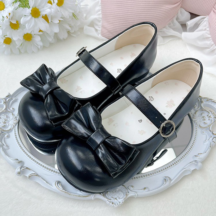 Round Fastener Details with Black Toe Sweet Ring Low-heel Style Bow - Mary Janes