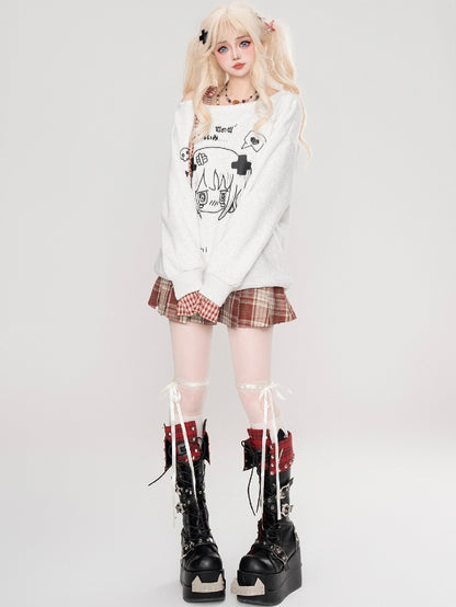 Black/White Asymmetrical Neckline Yami Kawaii Top Plaid Cuffs