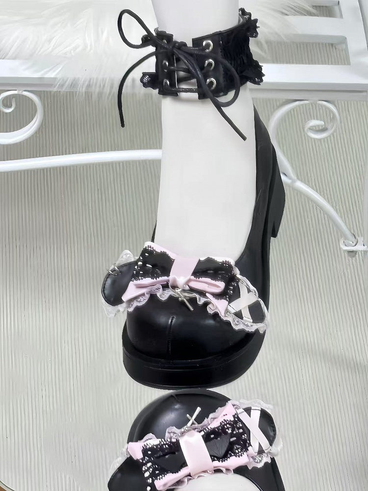 Cross Dangling Lace-Up Black Mid-Heel Mary Style Pink Janes: Ankle with Bow Landmine
