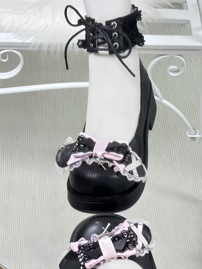 Cross Dangling Lace-Up Black Mid-Heel Mary Style Pink Janes: Ankle with Bow Landmine