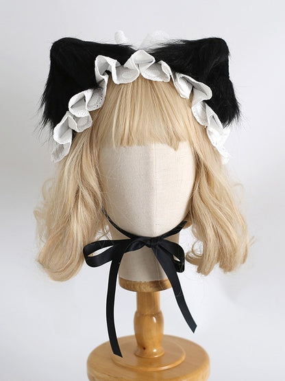 BlackWhite/All With Lolita White Ruffled Clips Plush Hairband Ear Kitty Sweet