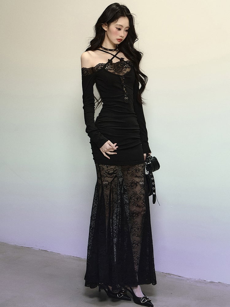 Robe longue sirène en dentelle noire patchwork, bretelles croisées, dos nu, robe de soirée