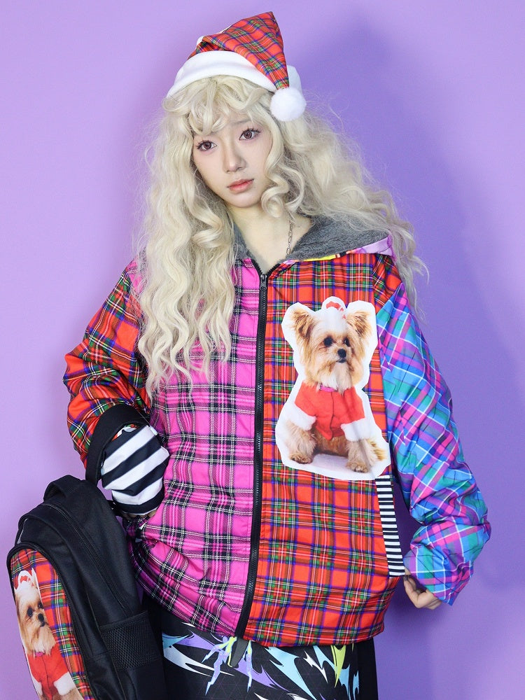 クリスマス Y2K カラフルオーバーサイズ フード付きフリース裏地ジャケット チェック柄と子犬プリント