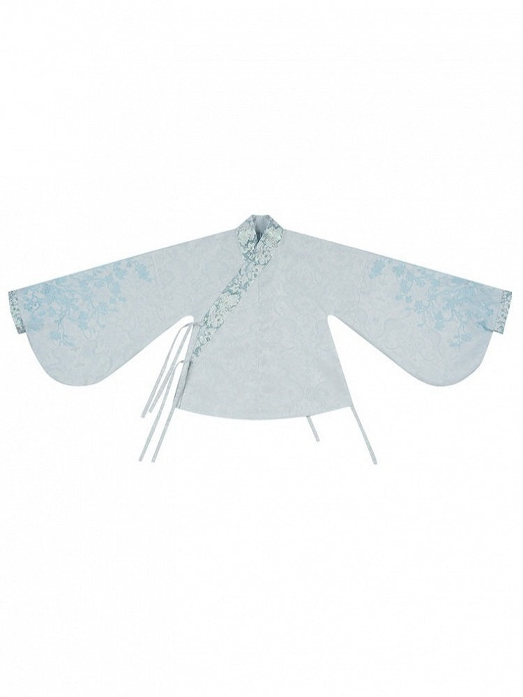 Mint Green Hanfu-Inspired Satin Long Sleeve Top with Floral Print - Yimu Walnut