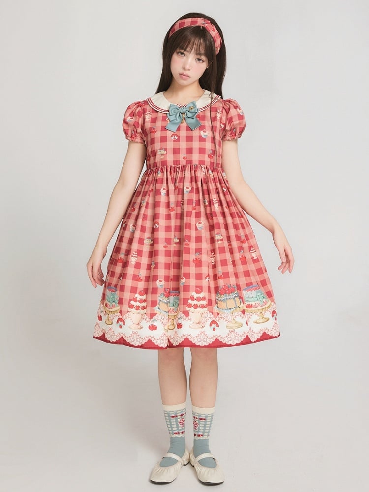 Robe Lolita rouge taille haute à carreaux cerises et desserts