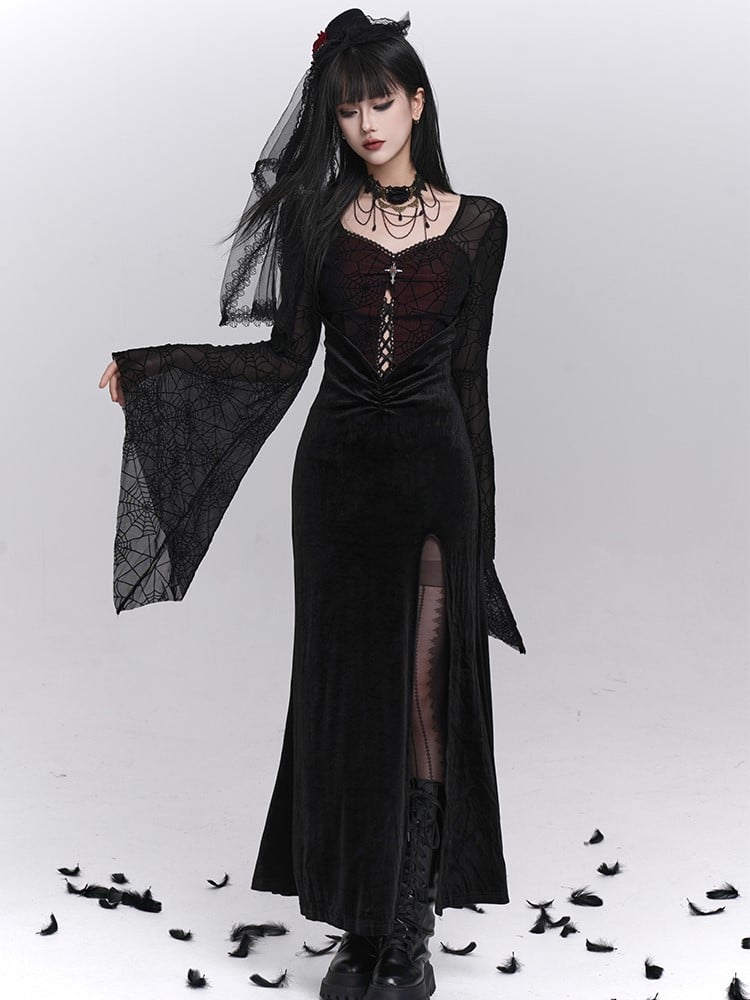 with Thigh-High Black Halloween Gothic Sleeves Bell Spiderweb Red Slit Dress