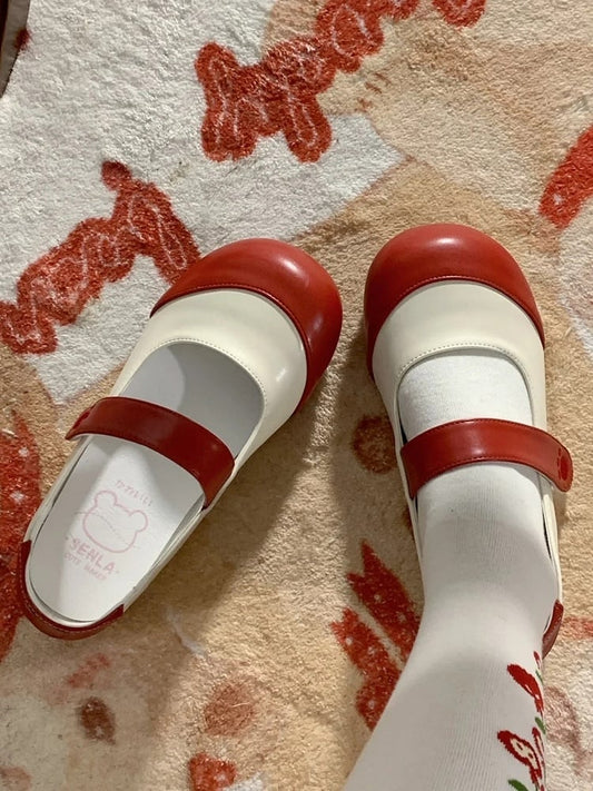 Sweet Flat Velcro Shoes Strap Bear Beige Details Lolita Red Closures