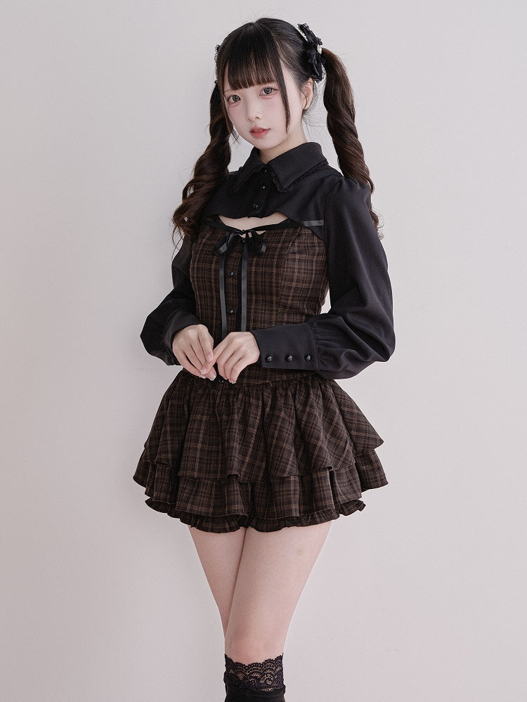 Jirai Fake Brown Set Plaid Matching Dress Two-Piece Kei Long-Sleeve + Shorts