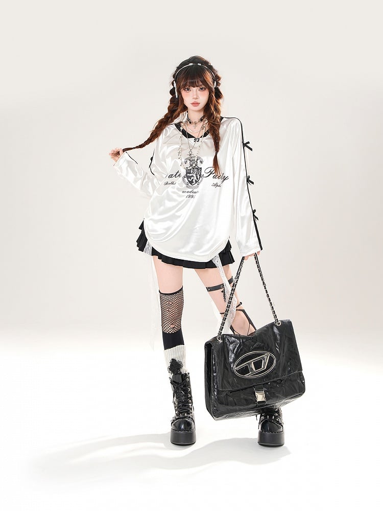 Vibe and Logo Sweatshirt Bow Black/White Accents Academia with Print