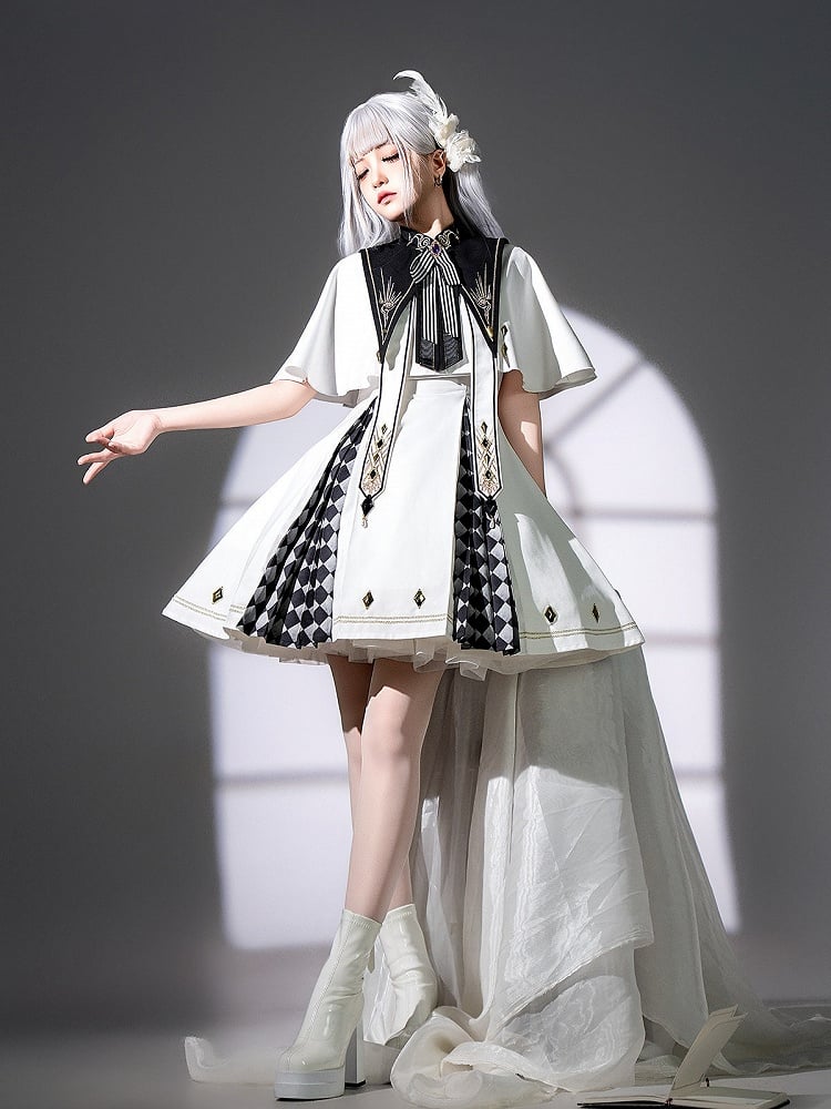 White Checkered Lolita Dress with Self-Tie Belt Detail - Xiong Dou Jiang