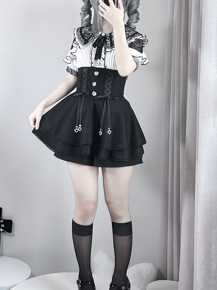 Jirai Kei Double Bow Collar White Blouse with Black Details Lace Shoulder Cutout