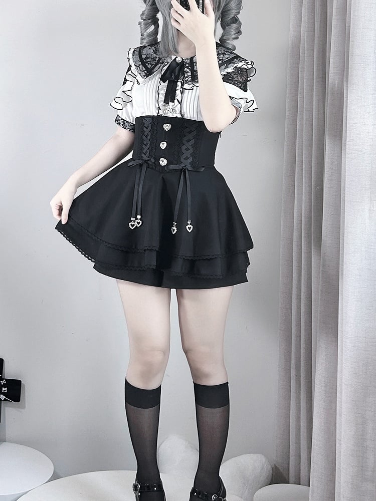 Jirai Kei Black Lace-up High Waist Skort with Heart Rhinestones