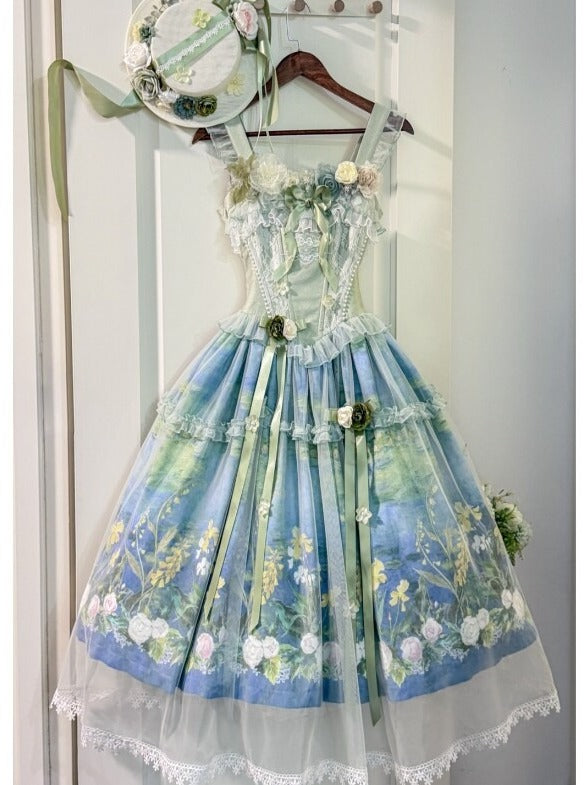 Elegant Green Oil Painting Print Lolita Jumper Skirt Dress with Bustier-Style Boned Bodice - Haw Berry