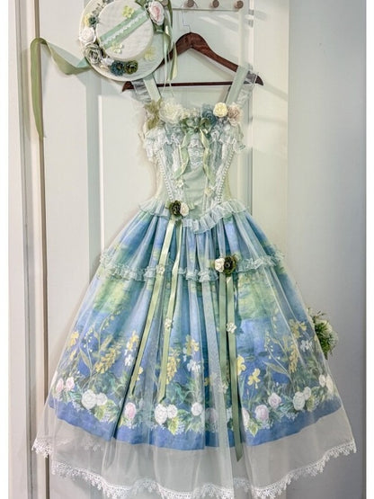 Elegant Green Oil Painting Print Lolita Jumper Skirt Dress with Bustier-Style Boned Bodice - Haw Berry