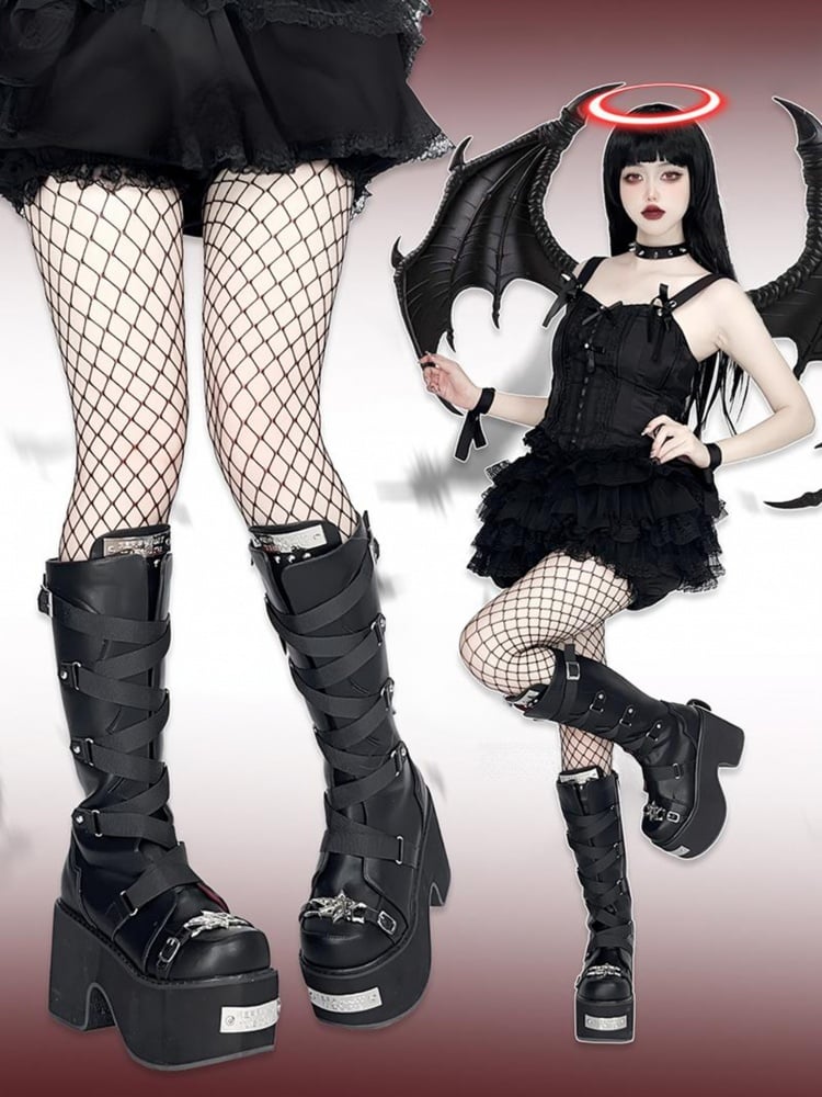 ブラック クリスクロスバックルストラップ プラットフォーム ブロックヒール ブーツ