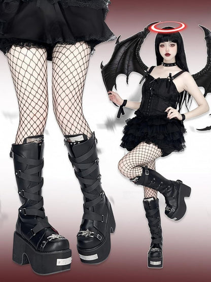 ブラック クリスクロスバックルストラップ プラットフォーム ブロックヒール ブーツ