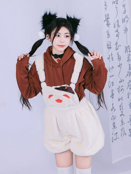 フータオ風ハロウィンベージュプラッシュオーバーオールショーツ