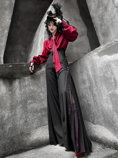 Ouji Style 110cm High Waist Wide-Leg Black Pants with Pleated Chiffon Panel - DevilInspired Exclusive Collection