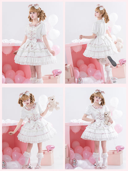Hime Pink und Peter Pan Kragen Stufenrock Balletcore Lolita Kleid Weiß OP