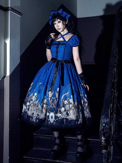 Cross Trim Black Gothic Skeleton Dress and Lace Lolita with Print Blue