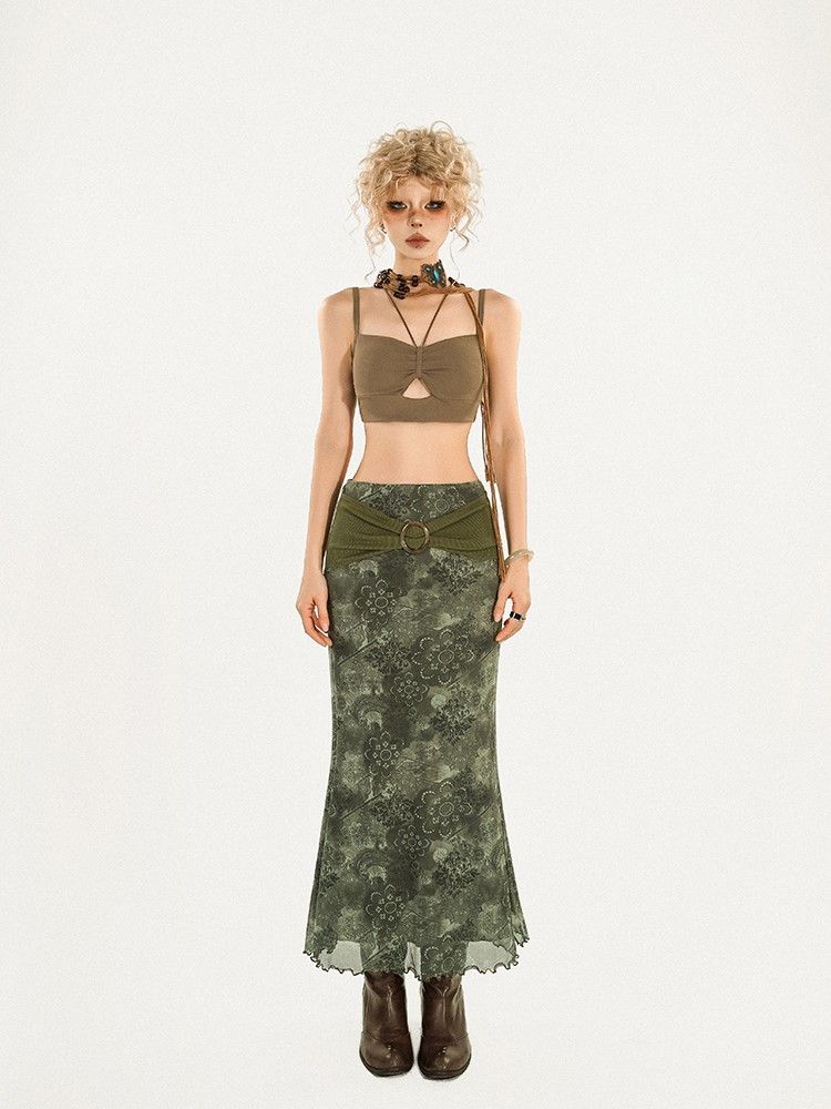 Halter Coffee Top Crop with Cami Built-in Triangle Cutout Padding