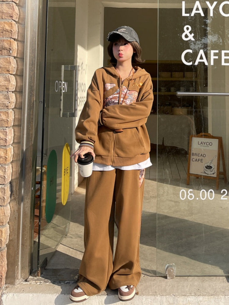 Brown Drawstring Cuffs Wide-Leg Pants Millard Fashion Prince Print Vintage