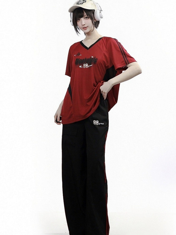 Athletic Black Cargo Straight Pants with Red Stripe - PINK SAVIOR