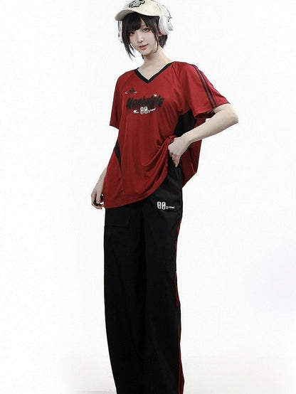 Athletic Black Cargo Straight Pants with Red Stripe - PINK SAVIOR