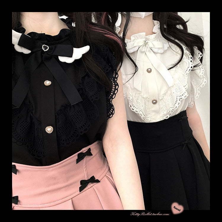 Sleeves Bow Kei and Flutter with Tie Jirai Heart-shaped Trim Blouse Black/White Winged Lace