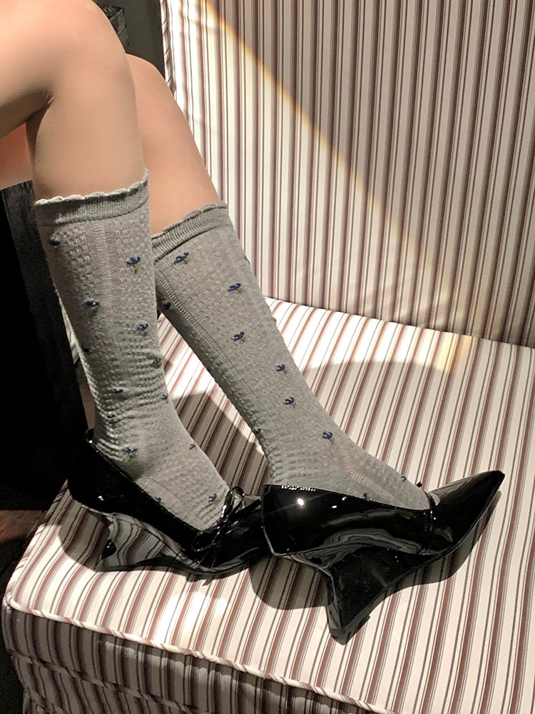 Blumenmuster Grau/Weiß/Weinrot Strümpfe Unter dem Knie Rot/Schwarz