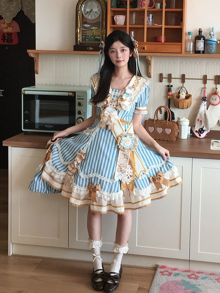 Sailor Bear Theme Striped Dress with Bow Embroidery - Twin Bear Original Design