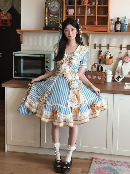 Sailor Bear Theme Striped Dress with Bow Embroidery - Twin Bear Original Design