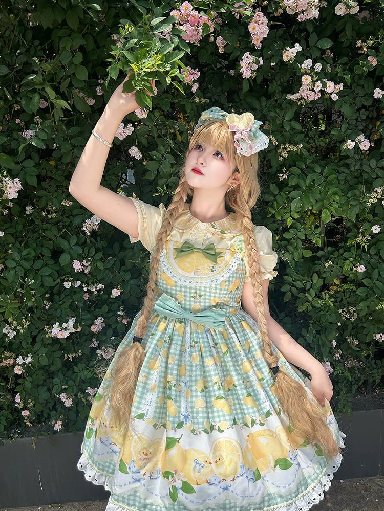 Chick Lolita Waist High Print Green Gingham and Lemon Dress Sweet