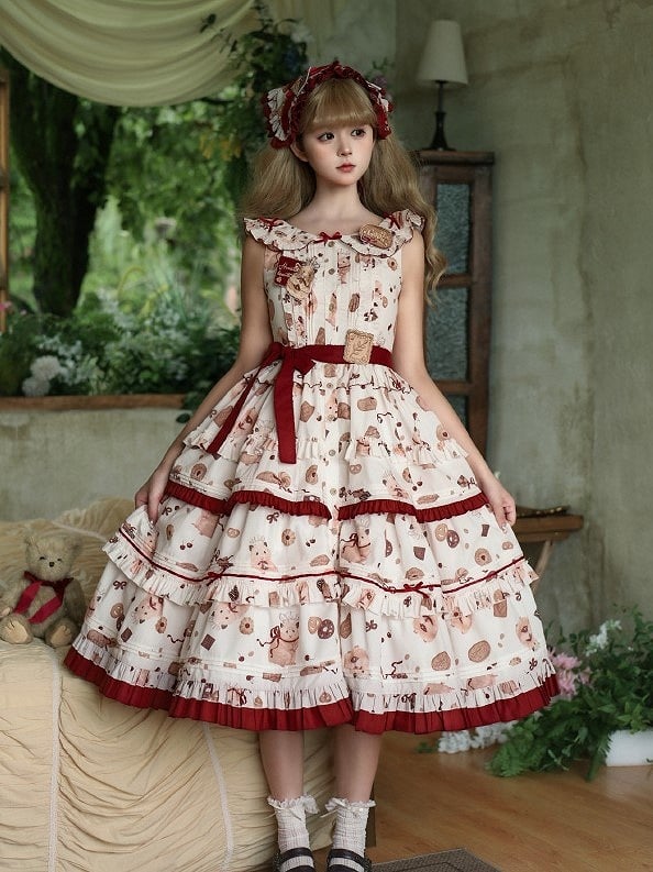 Print Red Ruffle and Sweet Cookie Lolita Dress White Hem Hamster