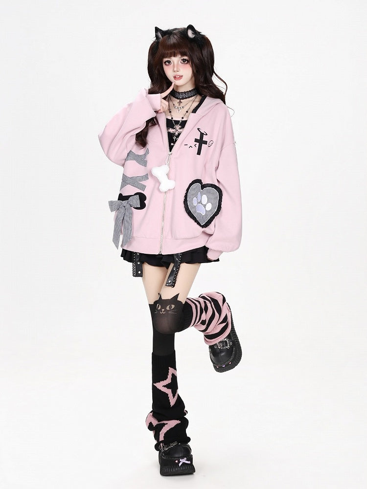Kawaii Ruffled Kitty-Ear Hooded Jacket with Bow and Heart Patch in Pink - CRAZY GIRL