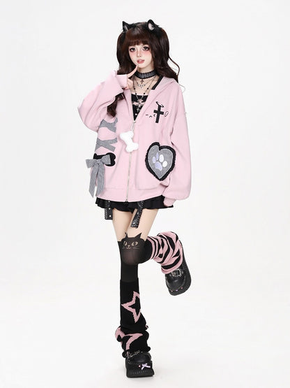 Kawaii Ruffled Kitty-Ear Hooded Jacket with Bow and Heart Patch in Pink - CRAZY GIRL