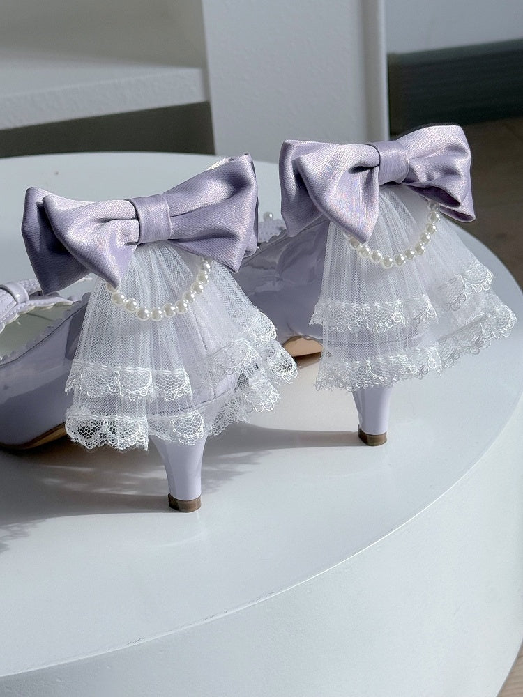 Purple Beaded Motif Mid-heel Elegant - Bow with Lolita Shell Scalloped Hem Pumps Ruffle Trim