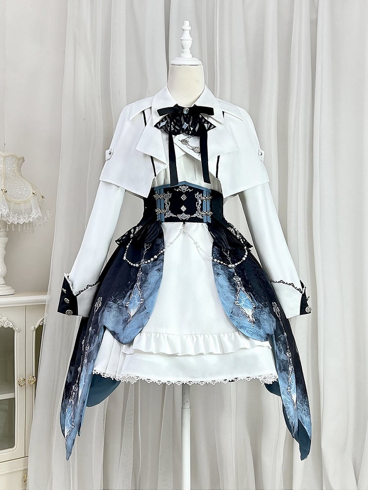 Taillen-Lolita-Militär-Set High-Low + Korsett, kurze weiße ärmellose Ärmel, voller Rock, futuristisches langes Top-Kleid
