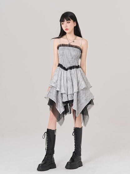 Gray Handkerchief Hem Ruffled Lace Trim Vintage Cami Dress