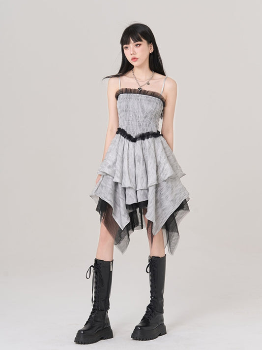 Gray Handkerchief Hem Ruffled Lace Trim Vintage Cami Dress