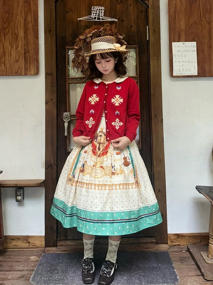 Long White Musical Print Peter Pan Collar OP Dress with Tassels - Crucis Universal Tailor Company