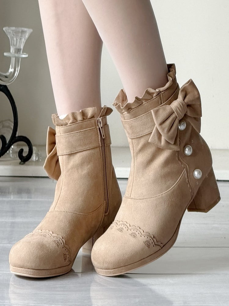 Beads Sophisticated Boots Lolita Mid-heel Khaki Details with