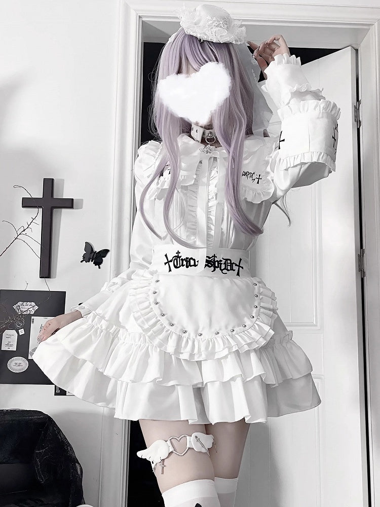 Bow Tie Lacing Long Trimmed Sleeve Gothic Topwith FrontMetal Back Ruffle Eyelet White